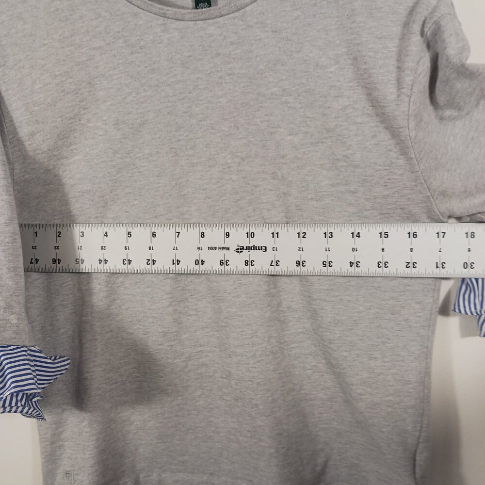 Lauren Ralph Lauren S Casual Gray Top 3/4 Sleeve W/ Navy/White Pinstripe Ruffle - Picture 10 of 15